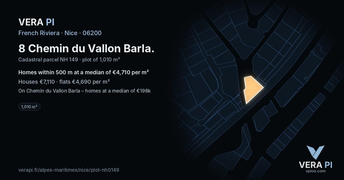 8 Chemin du Vallon Barla, Nice at night – the plot lit, the parcels around coloured by the prices near them