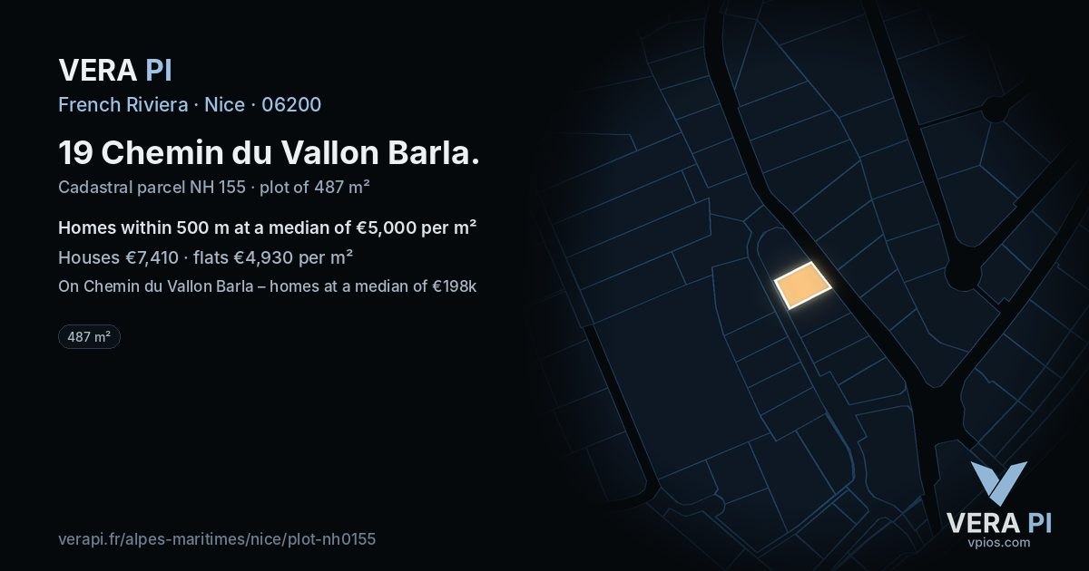 19 Chemin du Vallon Barla, Nice at night – the plot lit, the parcels around coloured by the prices near them
