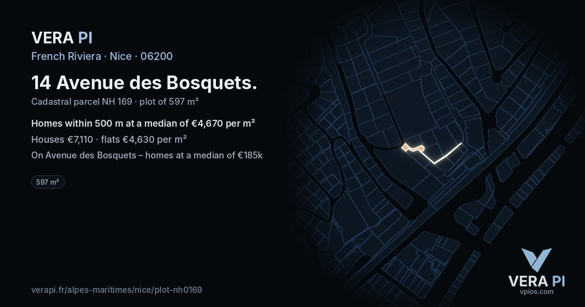 14 Avenue des Bosquets, Nice at night – the plot lit, the parcels around coloured by the prices near them