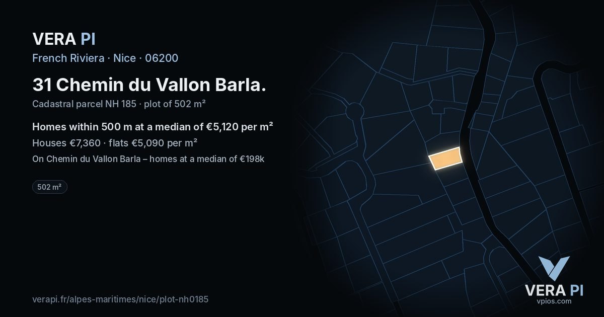 31 Chemin du Vallon Barla, Nice at night – the plot lit, the parcels around coloured by the prices near them