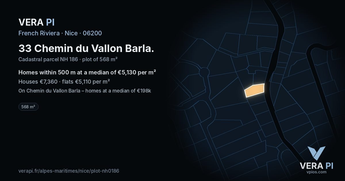 33 Chemin du Vallon Barla, Nice at night – the plot lit, the parcels around coloured by the prices near them