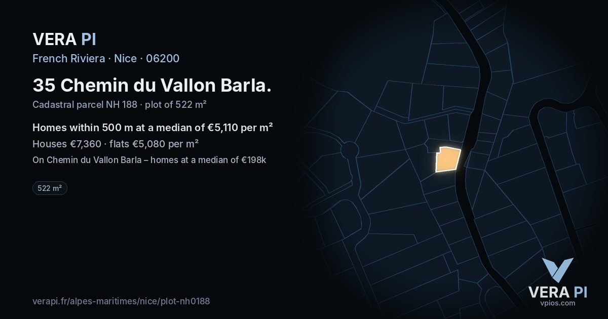 35 Chemin du Vallon Barla, Nice at night – the plot lit, the parcels around coloured by the prices near them