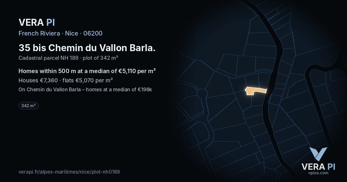 35 bis Chemin du Vallon Barla, Nice at night – the plot lit, the parcels around coloured by the prices near them