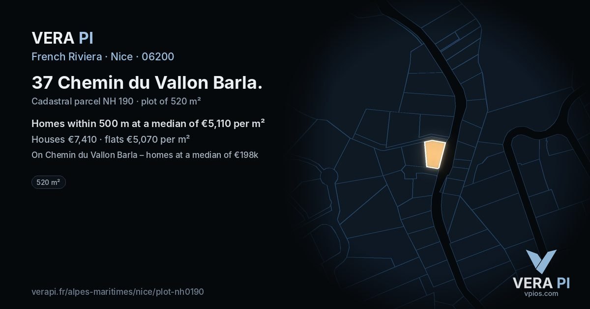 37 Chemin du Vallon Barla, Nice at night – the plot lit, the parcels around coloured by the prices near them