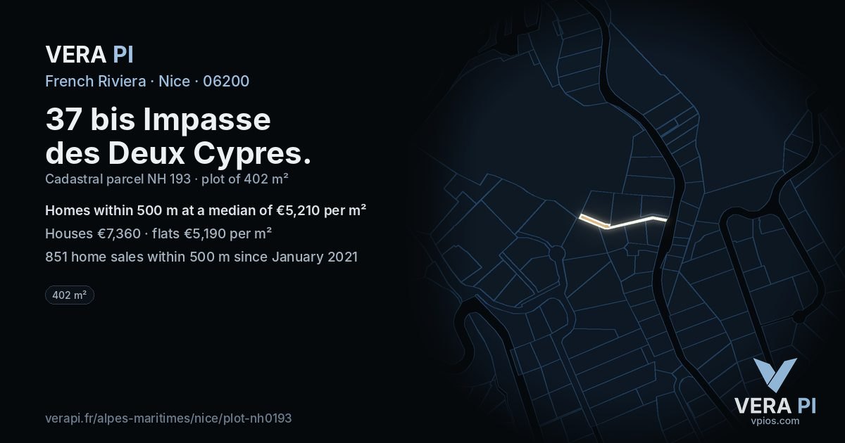 37 bis Impasse des Deux Cypres, Nice at night – the plot lit, the parcels around coloured by the prices near them