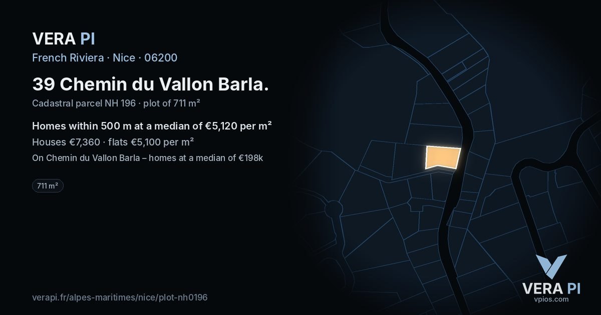 39 Chemin du Vallon Barla, Nice at night – the plot lit, the parcels around coloured by the prices near them