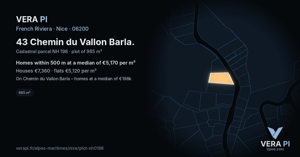 43 Chemin du Vallon Barla, Nice at night – the plot lit, the parcels around coloured by the prices near them