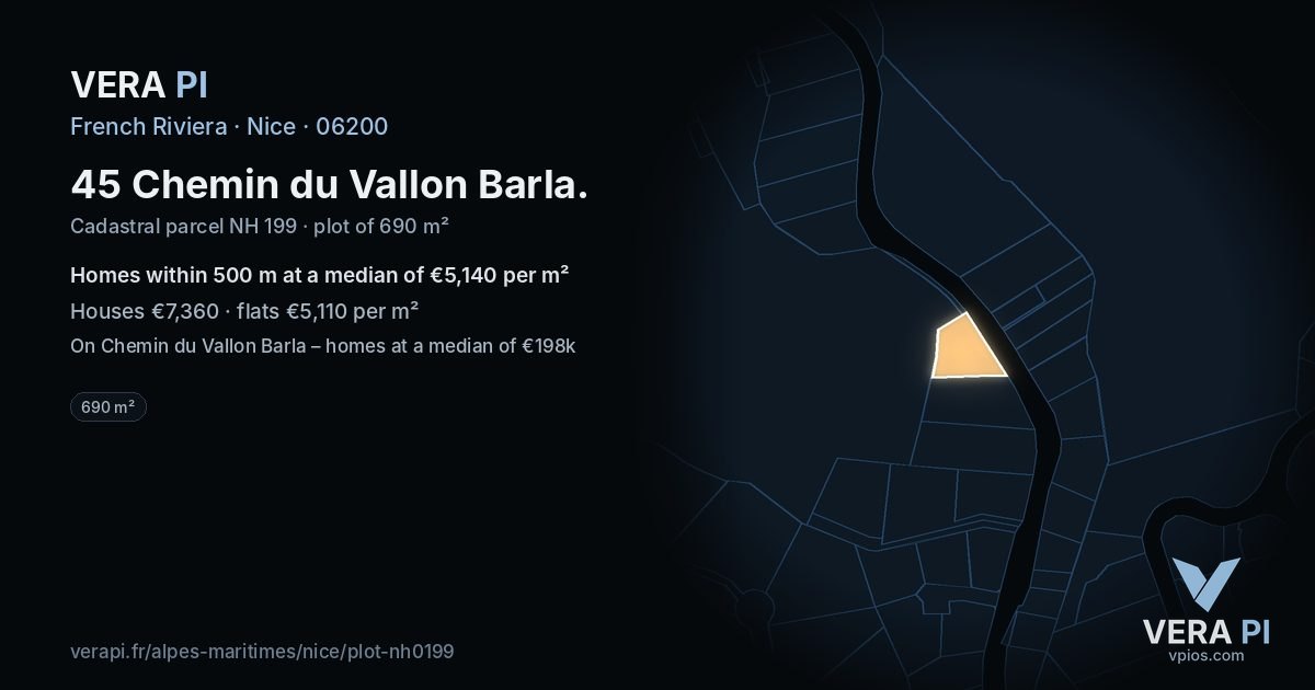 45 Chemin du Vallon Barla, Nice at night – the plot lit, the parcels around coloured by the prices near them