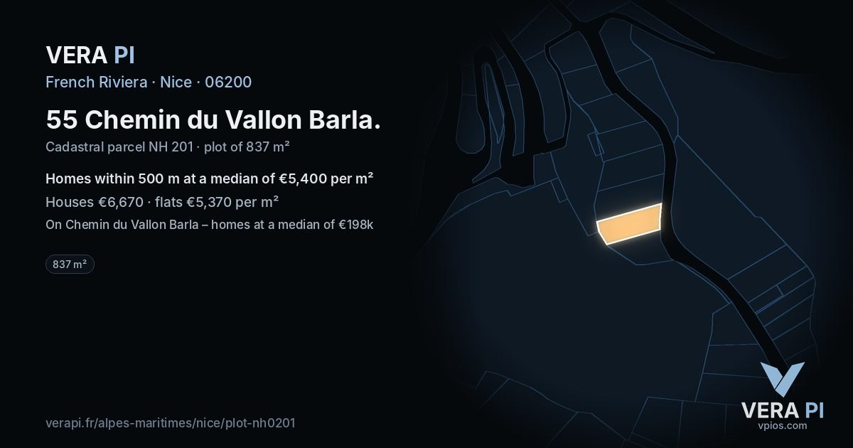 55 Chemin du Vallon Barla, Nice at night – the plot lit, the parcels around coloured by the prices near them