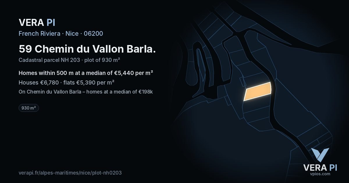 59 Chemin du Vallon Barla, Nice at night – the plot lit, the parcels around coloured by the prices near them