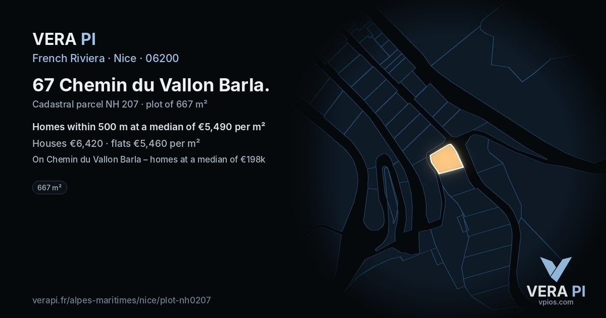 67 Chemin du Vallon Barla, Nice at night – the plot lit, the parcels around coloured by the prices near them