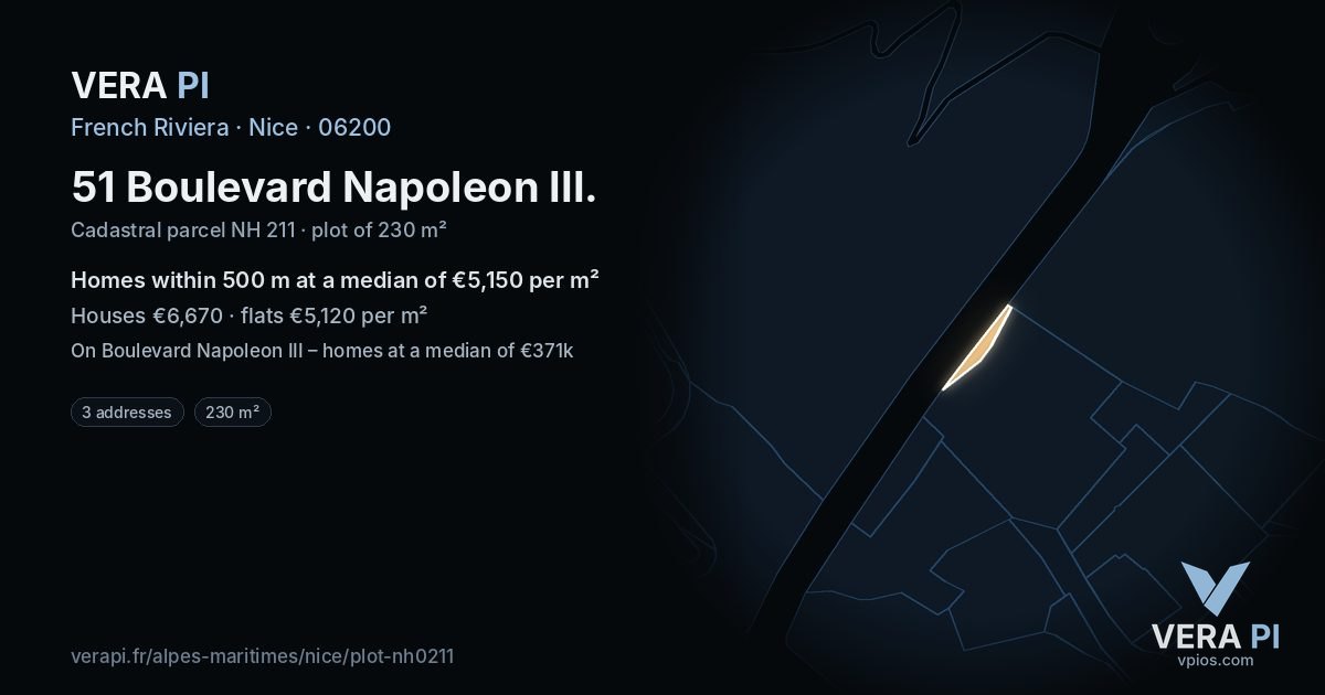 51 Boulevard Napoleon III, Nice at night – the plot lit, the parcels around coloured by the prices near them