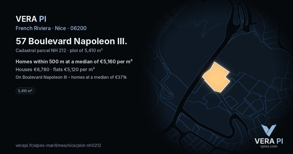 57 Boulevard Napoleon III, Nice at night – the plot lit, the parcels around coloured by the prices near them