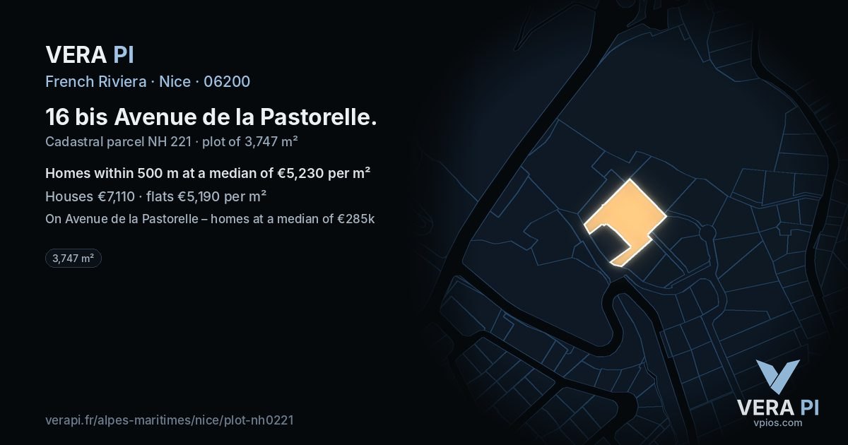 16 bis Avenue de la Pastorelle, Nice at night – the plot lit, the parcels around coloured by the prices near them