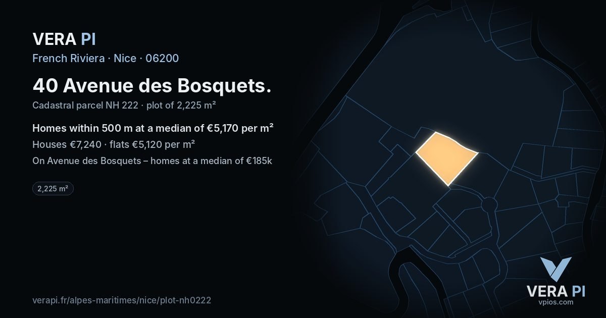 40 Avenue des Bosquets, Nice at night – the plot lit, the parcels around coloured by the prices near them