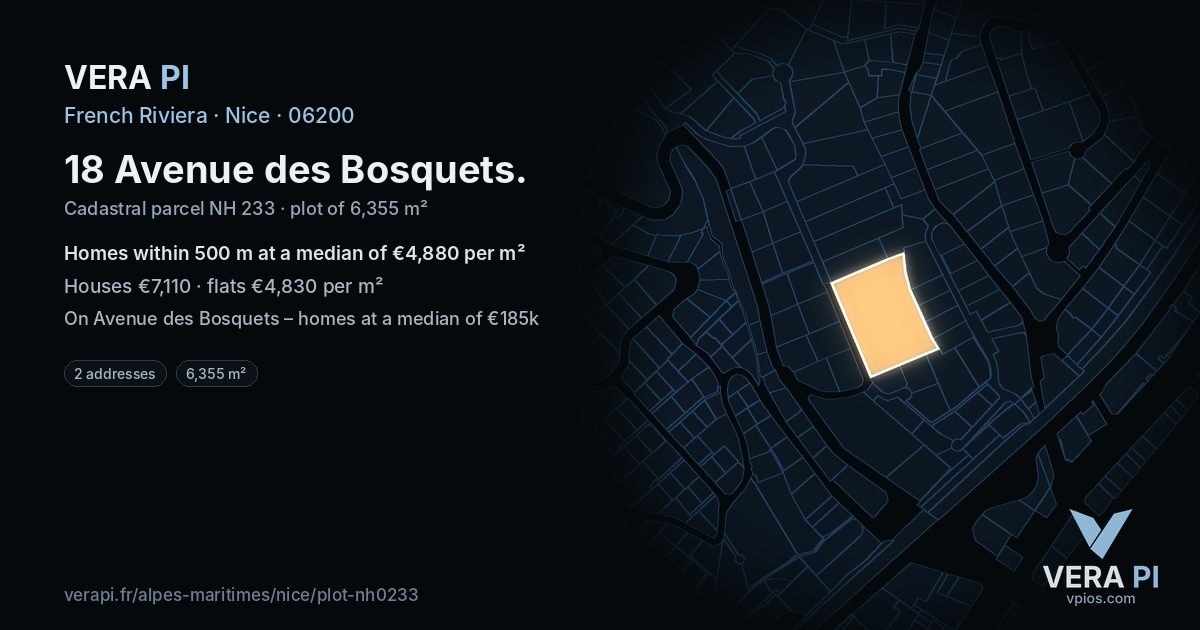 18 Avenue des Bosquets, Nice at night – the plot lit, the parcels around coloured by the prices near them