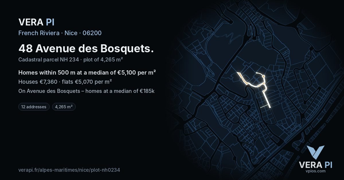 48 Avenue des Bosquets, Nice at night – the plot lit, the parcels around coloured by the prices near them