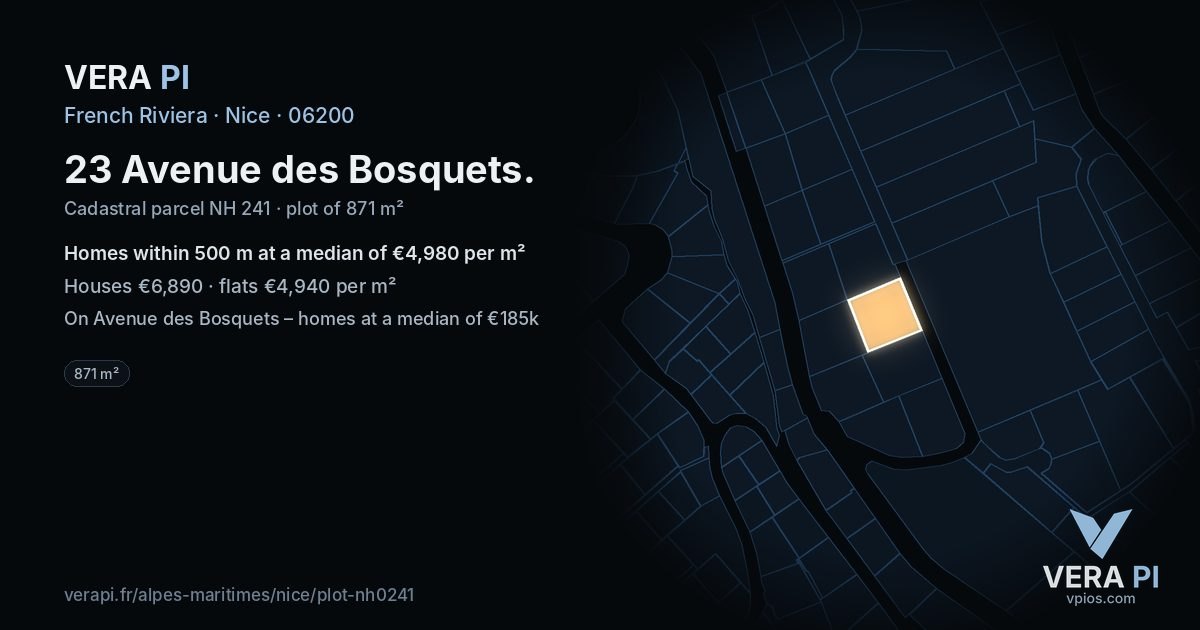 23 Avenue des Bosquets, Nice at night – the plot lit, the parcels around coloured by the prices near them