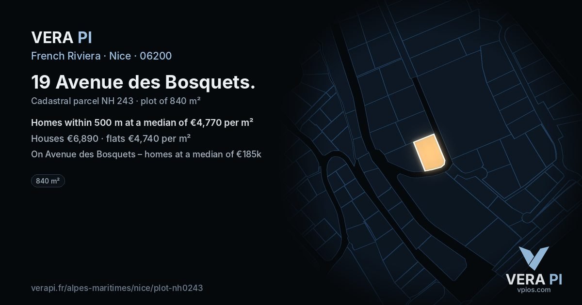 19 Avenue des Bosquets, Nice at night – the plot lit, the parcels around coloured by the prices near them