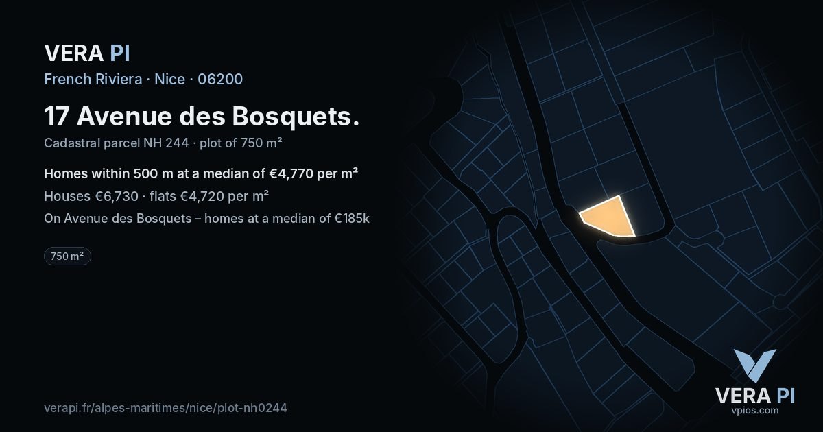 17 Avenue des Bosquets, Nice at night – the plot lit, the parcels around coloured by the prices near them