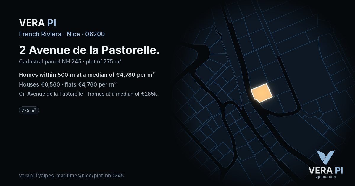 2 Avenue de la Pastorelle, Nice at night – the plot lit, the parcels around coloured by the prices near them