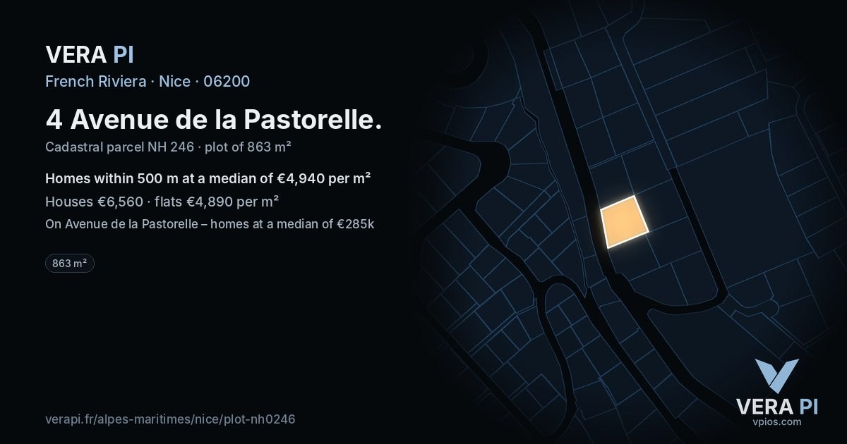 4 Avenue de la Pastorelle, Nice at night – the plot lit, the parcels around coloured by the prices near them