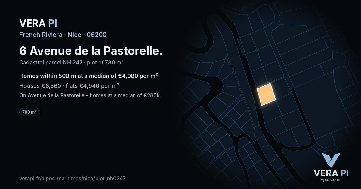 6 Avenue de la Pastorelle, Nice at night – the plot lit, the parcels around coloured by the prices near them