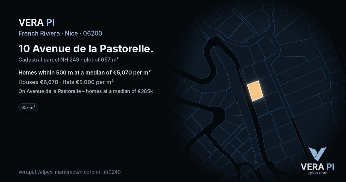 10 Avenue de la Pastorelle, Nice at night – the plot lit, the parcels around coloured by the prices near them