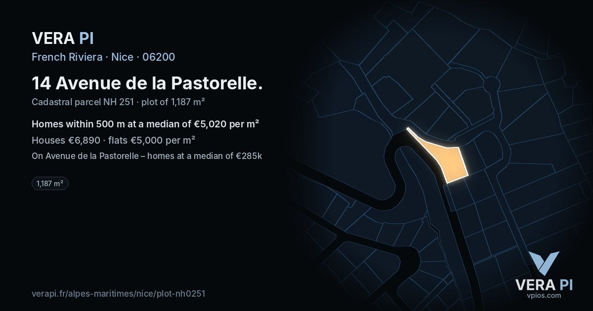 14 Avenue de la Pastorelle, Nice at night – the plot lit, the parcels around coloured by the prices near them