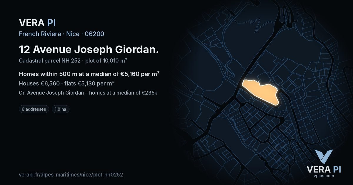12 Avenue Joseph Giordan, Nice at night – the plot lit, the parcels around coloured by the prices near them
