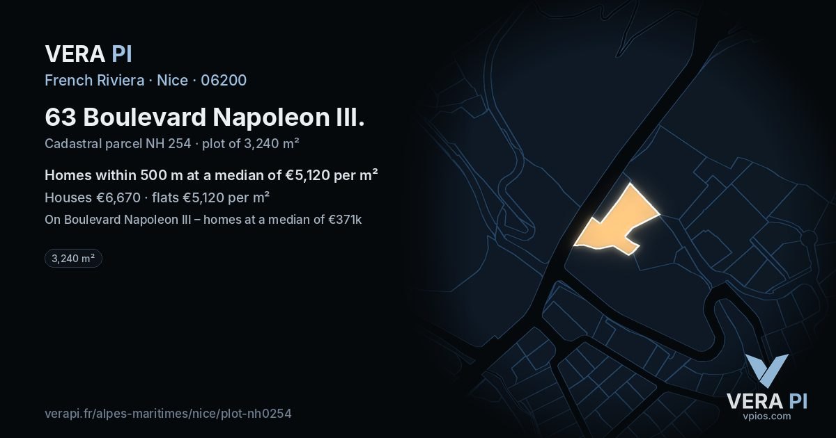 63 Boulevard Napoleon III, Nice at night – the plot lit, the parcels around coloured by the prices near them
