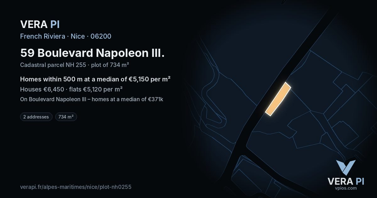 59 Boulevard Napoleon III, Nice at night – the plot lit, the parcels around coloured by the prices near them
