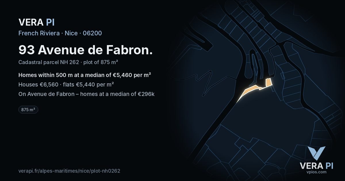 93 Avenue de Fabron, Nice at night – the plot lit, the parcels around coloured by the prices near them