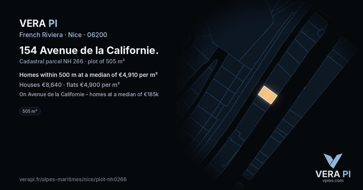 154 Avenue de la Californie, Nice at night – the plot lit, the parcels around coloured by the prices near them