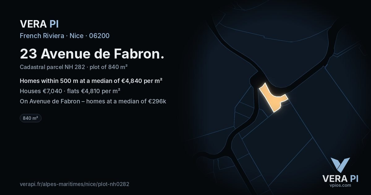 23 Avenue de Fabron, Nice at night – the plot lit, the parcels around coloured by the prices near them