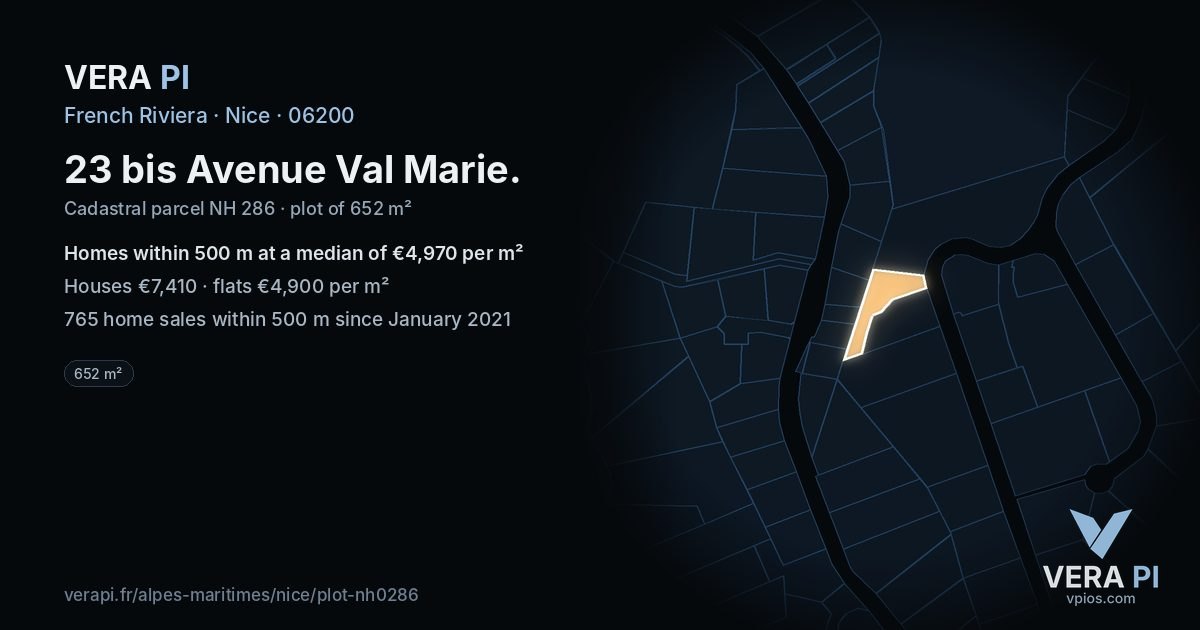 23 bis Avenue Val Marie, Nice at night – the plot lit, the parcels around coloured by the prices near them