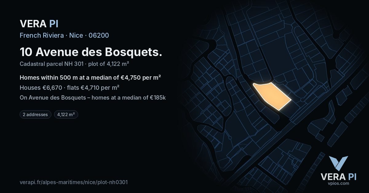 10 Avenue des Bosquets, Nice at night – the plot lit, the parcels around coloured by the prices near them
