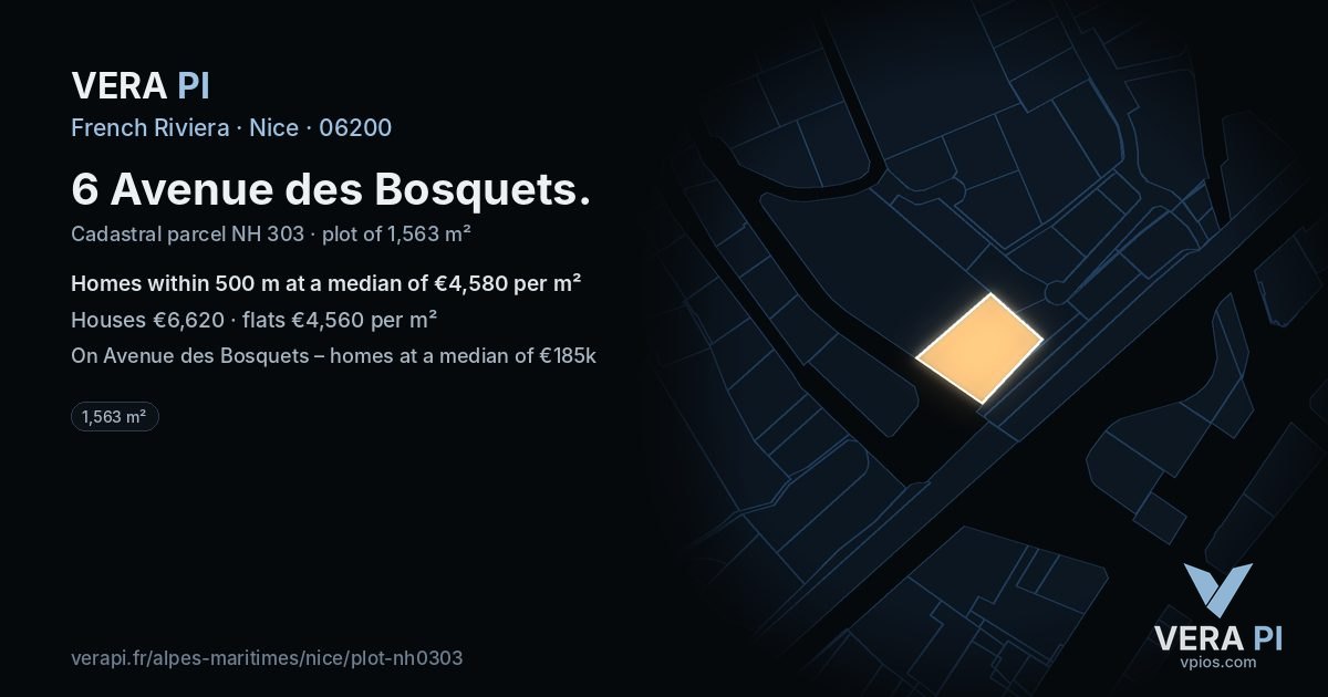 6 Avenue des Bosquets, Nice at night – the plot lit, the parcels around coloured by the prices near them