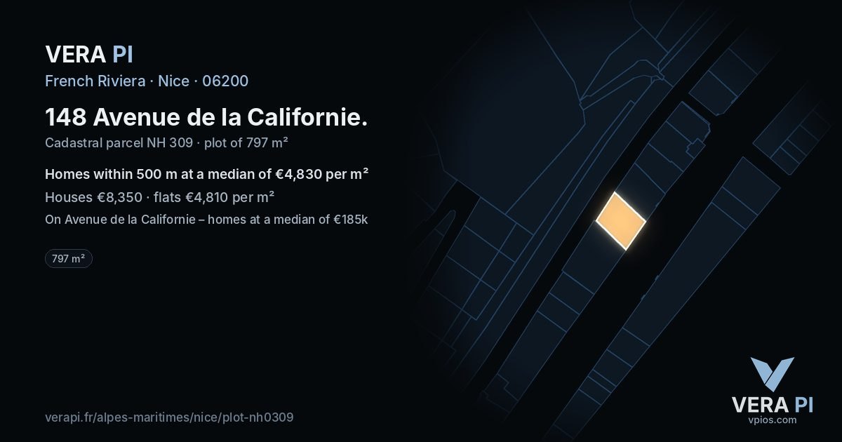 148 Avenue de la Californie, Nice at night – the plot lit, the parcels around coloured by the prices near them