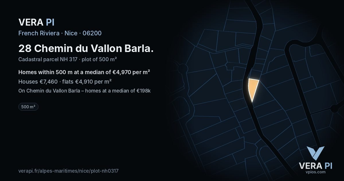 28 Chemin du Vallon Barla, Nice at night – the plot lit, the parcels around coloured by the prices near them