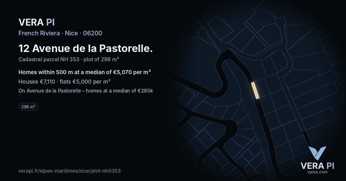 12 Avenue de la Pastorelle, Nice at night – the plot lit, the parcels around coloured by the prices near them