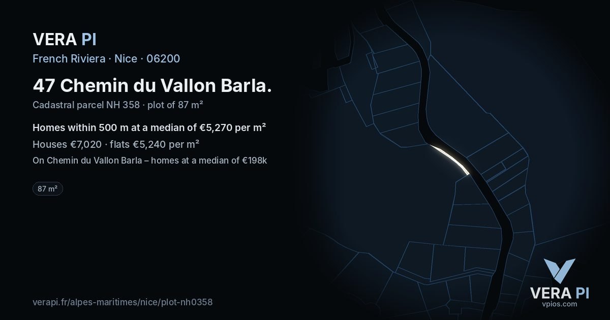 47 Chemin du Vallon Barla, Nice at night – the plot lit, the parcels around coloured by the prices near them