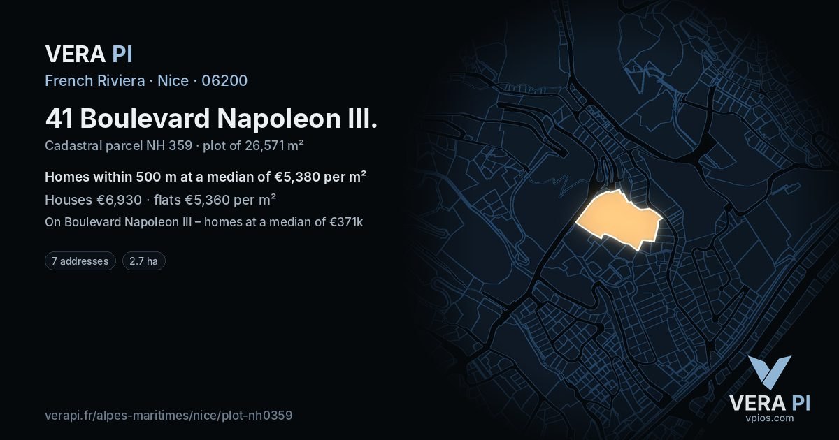 41 Boulevard Napoleon III, Nice at night – the plot lit, the parcels around coloured by the prices near them
