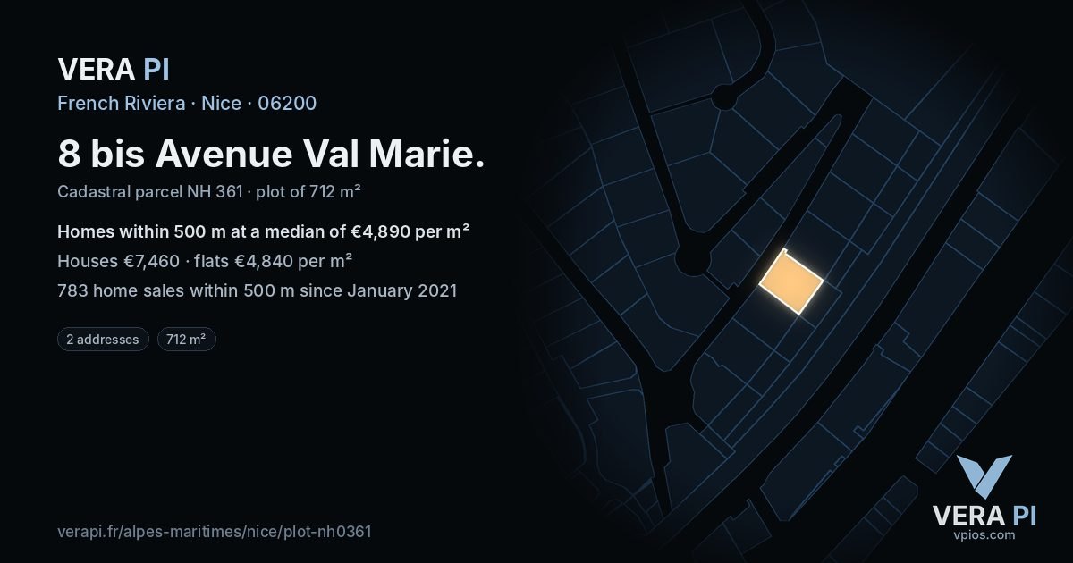 8 bis Avenue Val Marie, Nice at night – the plot lit, the parcels around coloured by the prices near them