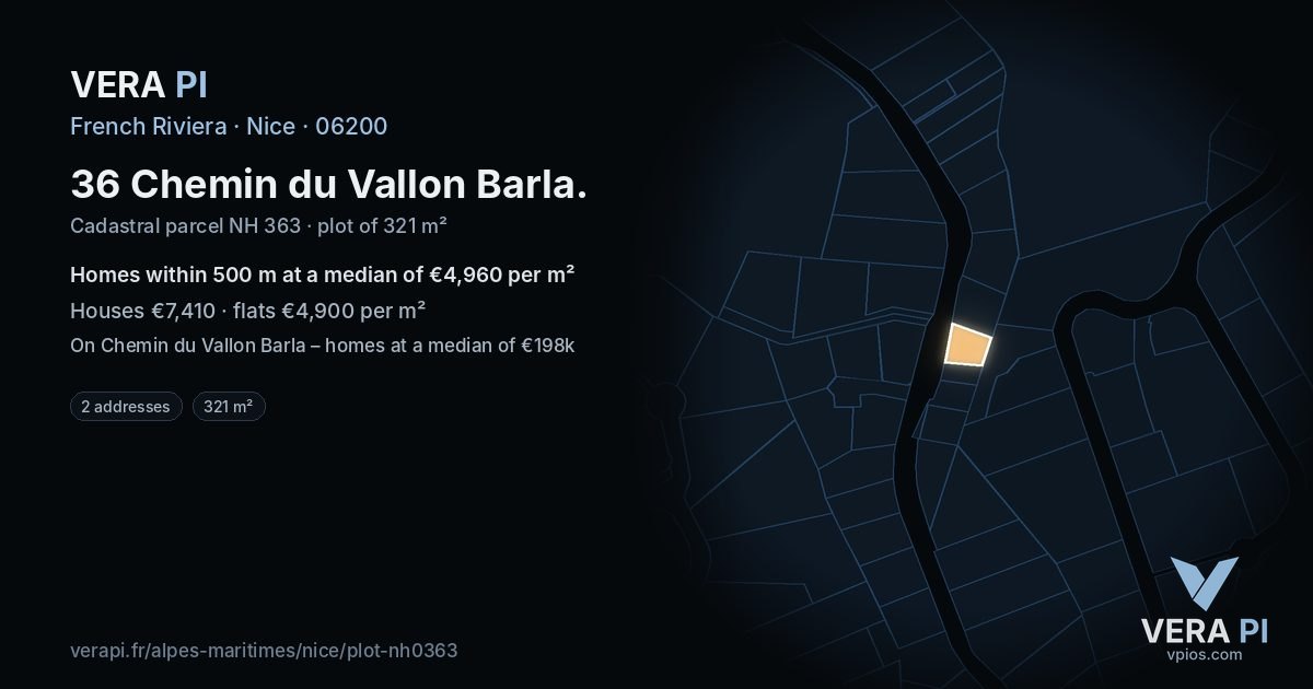 36 Chemin du Vallon Barla, Nice at night – the plot lit, the parcels around coloured by the prices near them