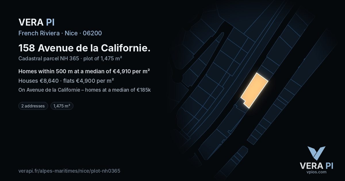 158 Avenue de la Californie, Nice at night – the plot lit, the parcels around coloured by the prices near them