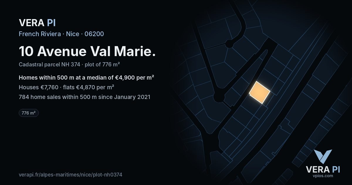 10 Avenue Val Marie, Nice at night – the plot lit, the parcels around coloured by the prices near them