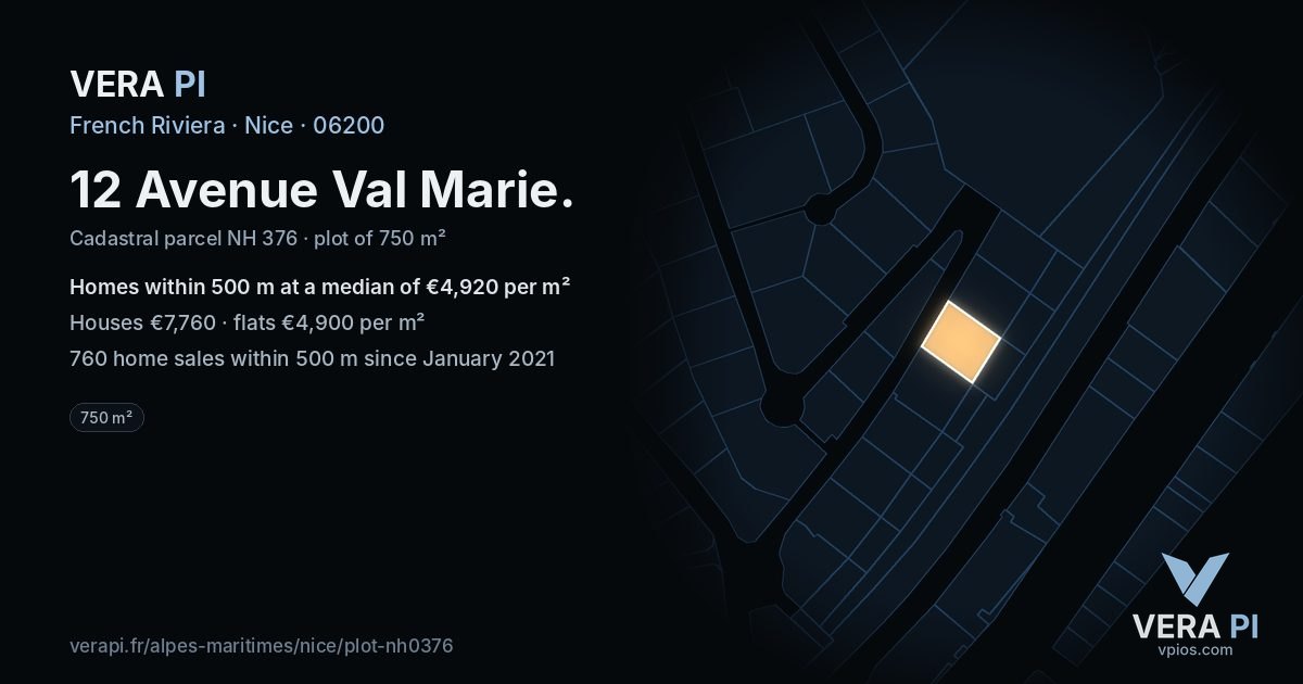 12 Avenue Val Marie, Nice at night – the plot lit, the parcels around coloured by the prices near them