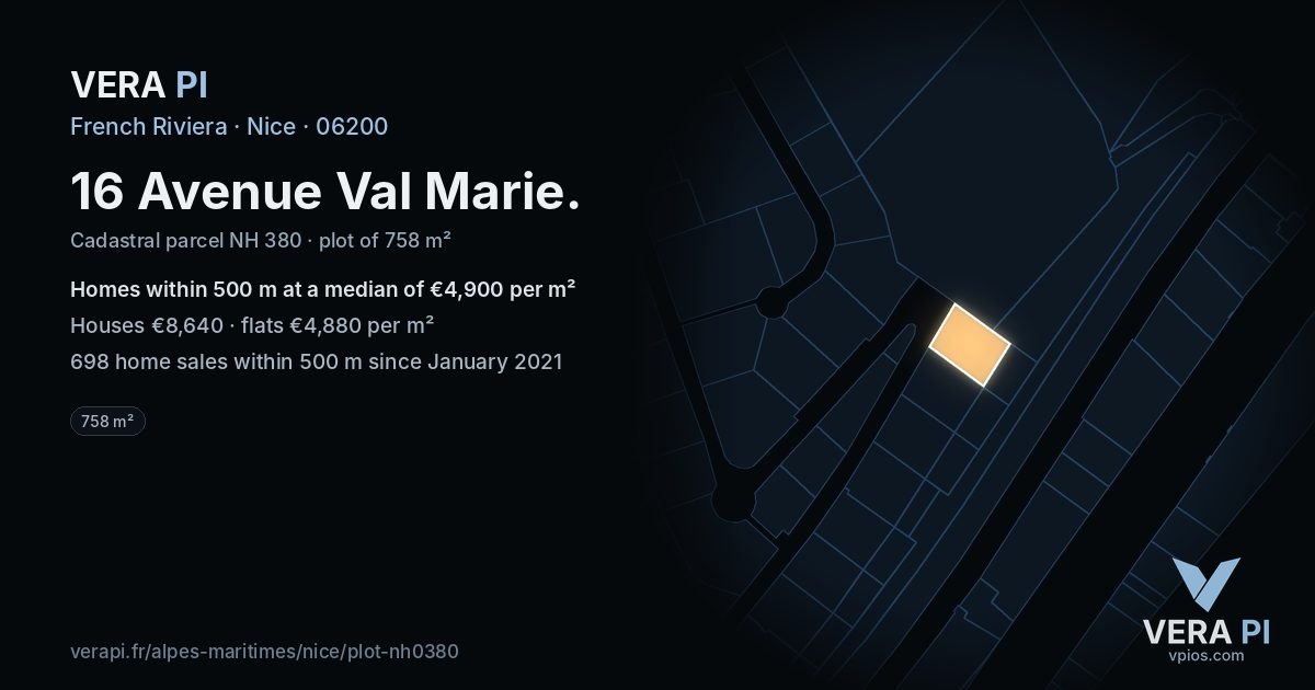 16 Avenue Val Marie, Nice at night – the plot lit, the parcels around coloured by the prices near them