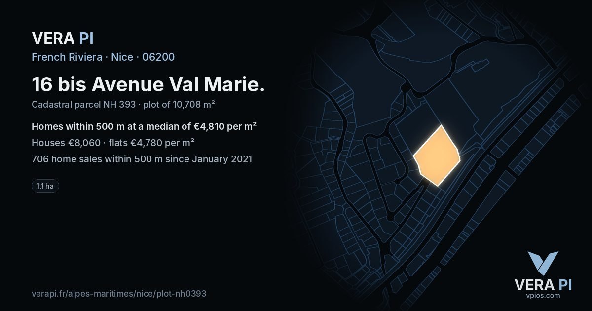 16 bis Avenue Val Marie, Nice at night – the plot lit, the parcels around coloured by the prices near them